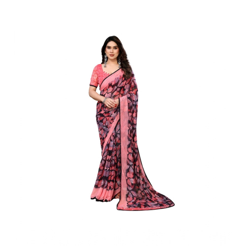 Women's Chiffon Printed Saree With Unstitched Blouse 5.5Mtr (Pink)
