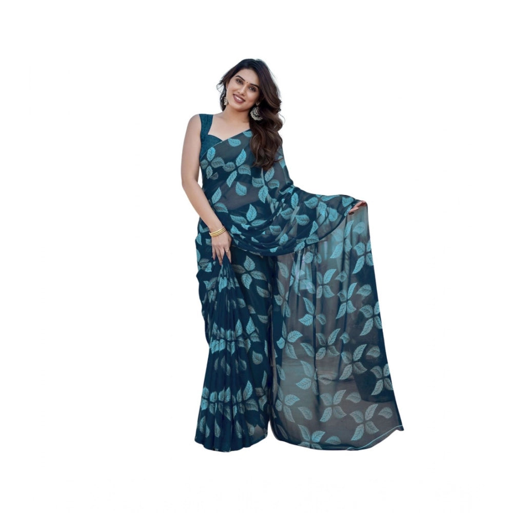 Women's Chiffon Printed Saree With Unstitched Blouse 5.5Mtr (Blue)