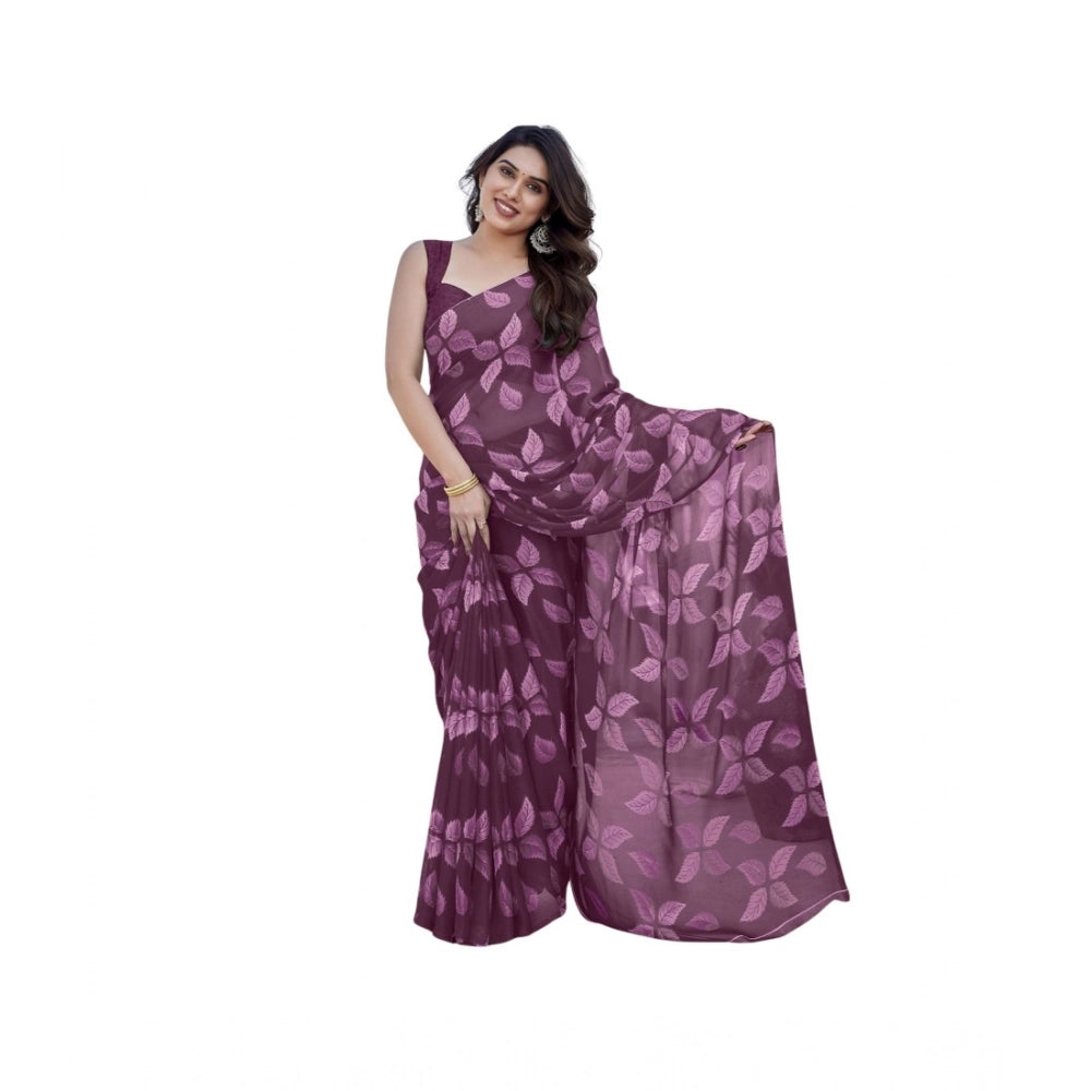 Women's Chiffon Printed Saree With Unstitched Blouse 5.5Mtr (Purple)