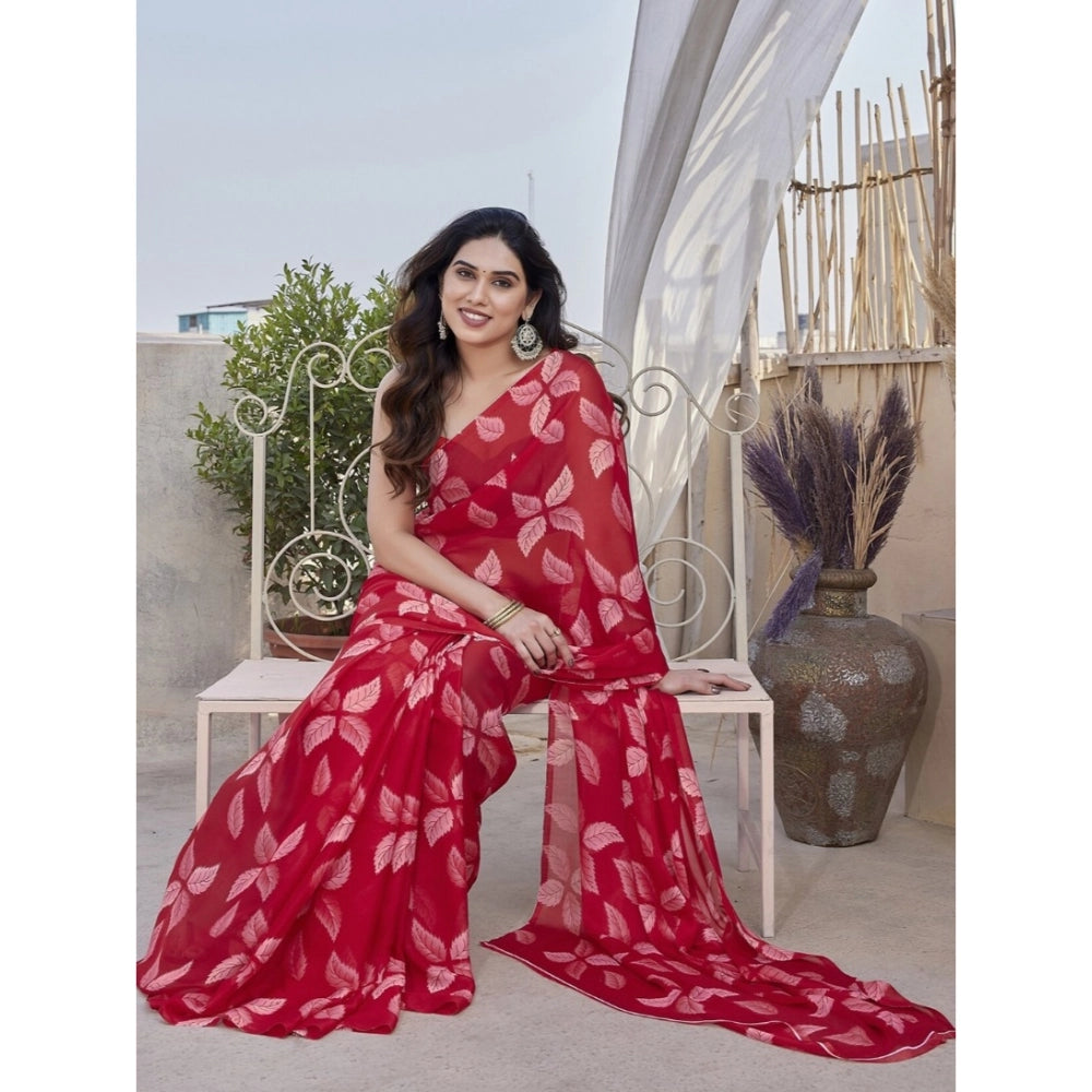 Women's Chiffon Printed Saree With Unstitched Blouse 5.5Mtr (Red)