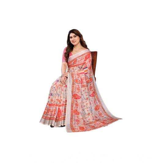 Women's Linen Cotton  Printed Saree With Unstitched Blouse 5.5Mtr (Orange )