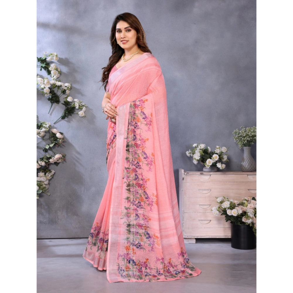 Women's Linen Cotton  Printed Saree With Unstitched Blouse 5.5Mtr (Peach)