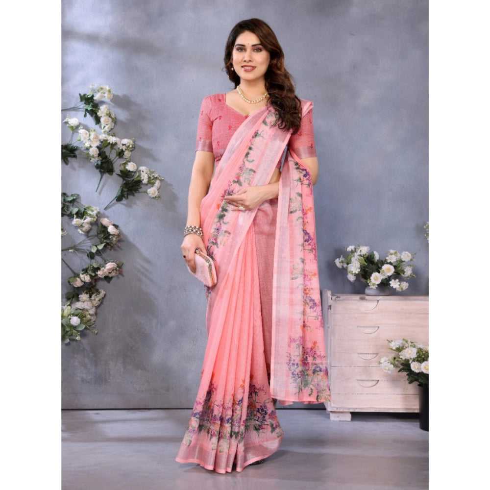 Women's Linen Cotton  Printed Saree With Unstitched Blouse 5.5Mtr (Peach)