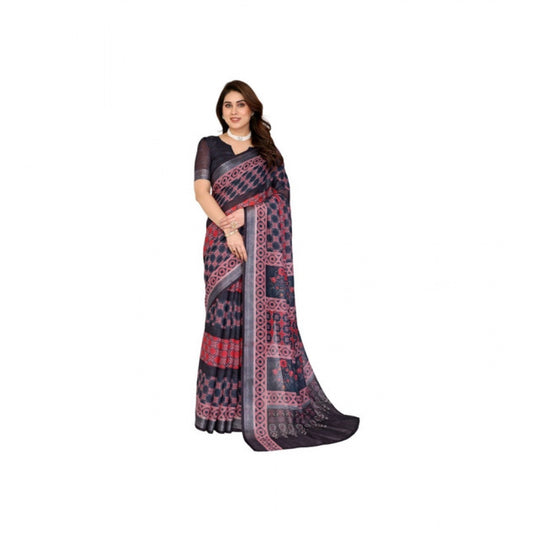 Women's Linen Cotton  Printed Saree With Unstitched Blouse 5.5Mtr (Black)