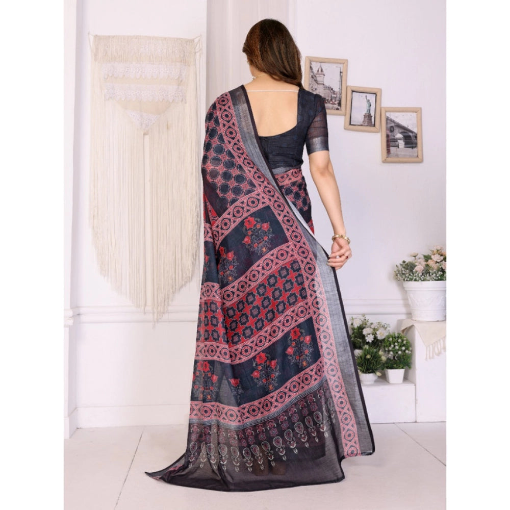 Women's Linen Cotton  Printed Saree With Unstitched Blouse 5.5Mtr (Black)