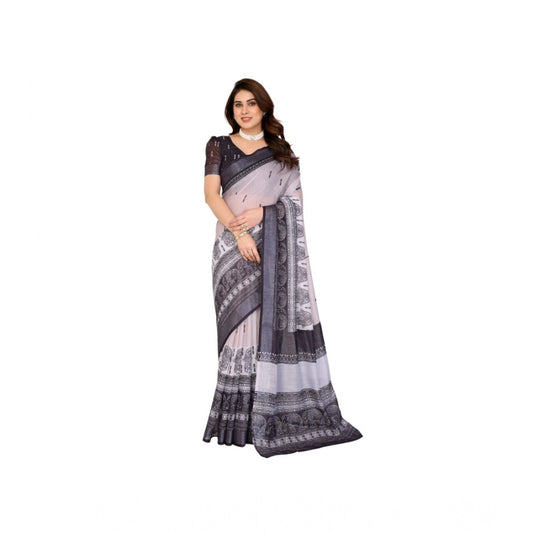 Women's Linen Cotton  Printed Saree With Unstitched Blouse 5.5Mtr (White &amp; Black)