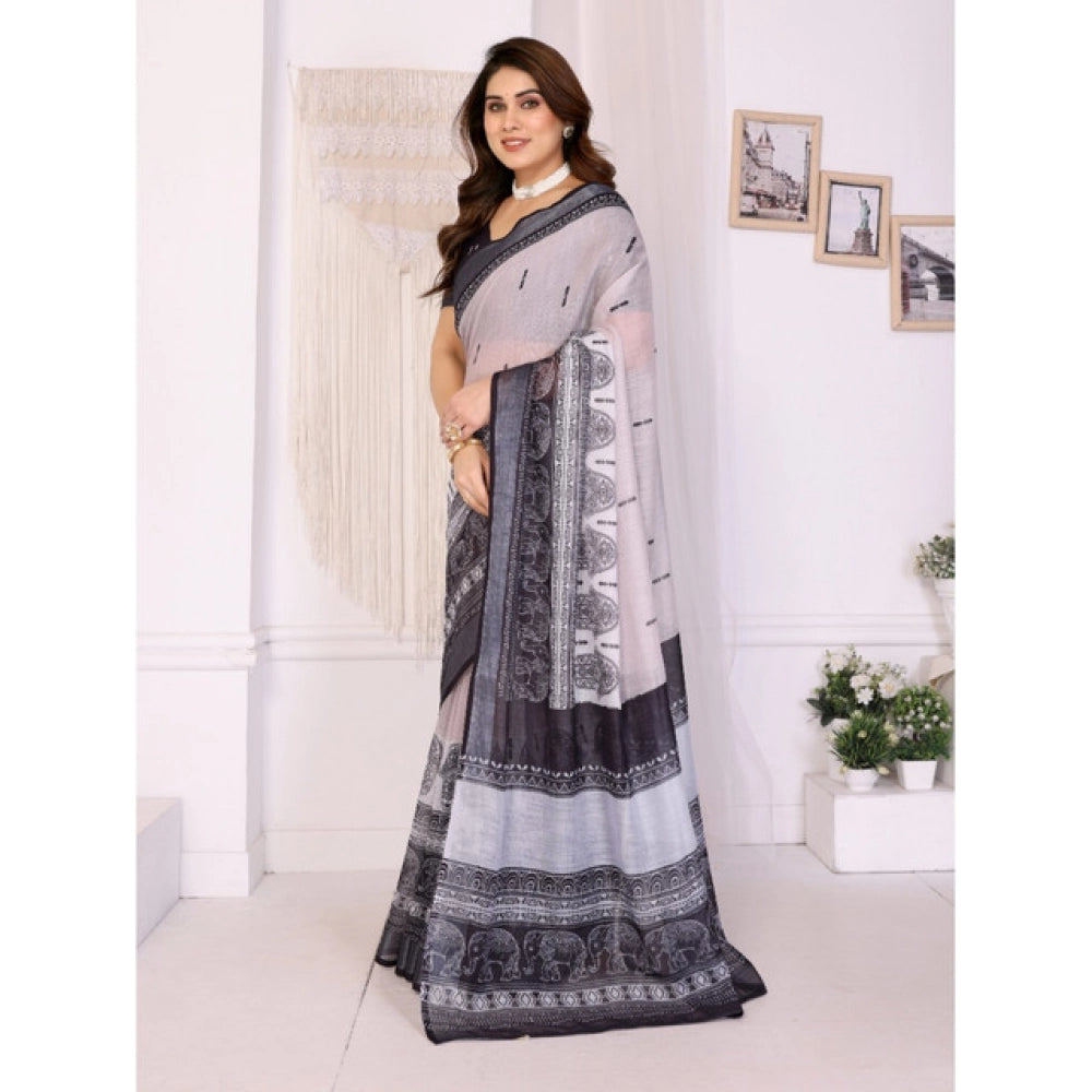 Women's Linen Cotton  Printed Saree With Unstitched Blouse 5.5Mtr (White &amp; Black)
