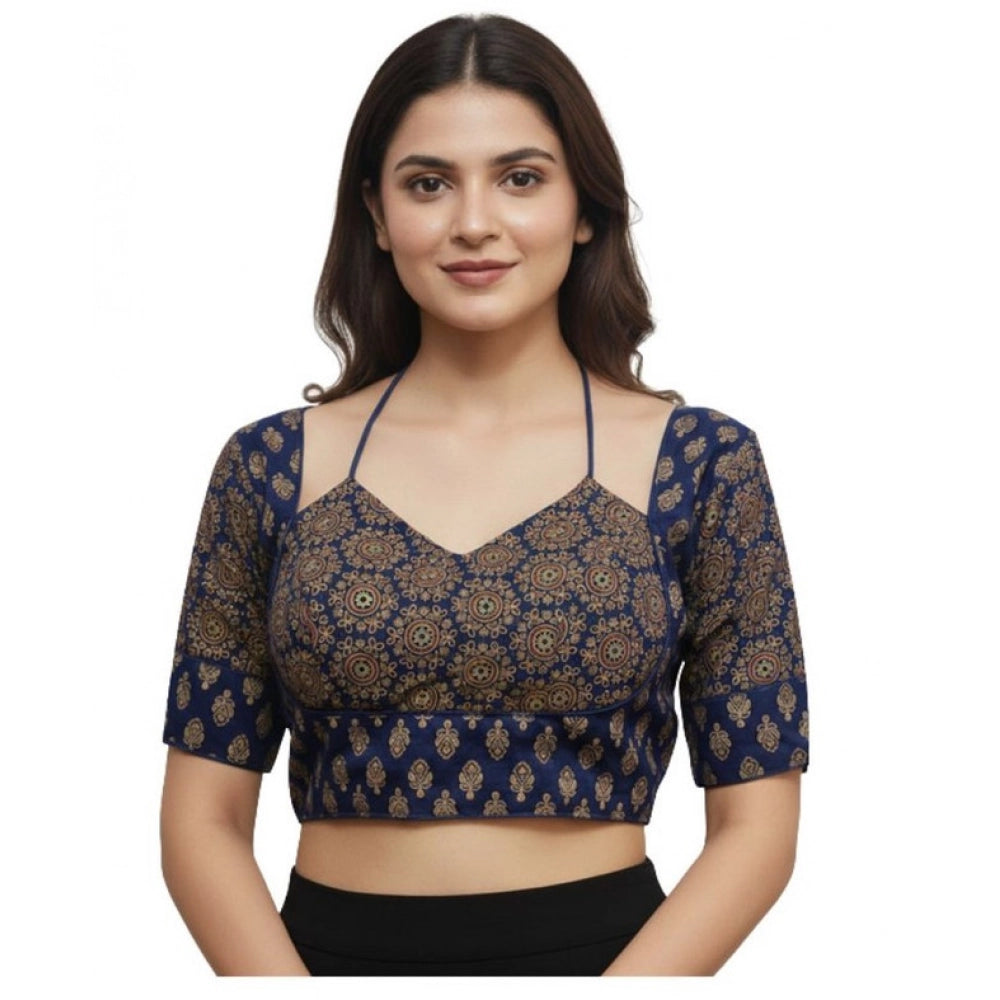 Women's Ajrakh Cotton Printed Sweetheart Padded Blouse (Navy 38 Ready (Self Alterable 36–40)