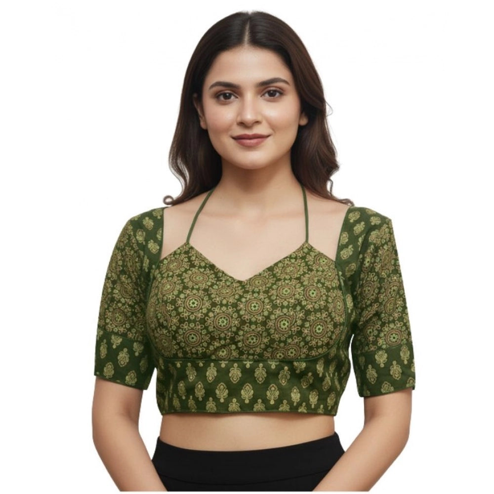 Women's Ajrakh Cotton Printed Sweetheart Padded Blouse (Olive 38 Ready (Self Alterable 36–40)