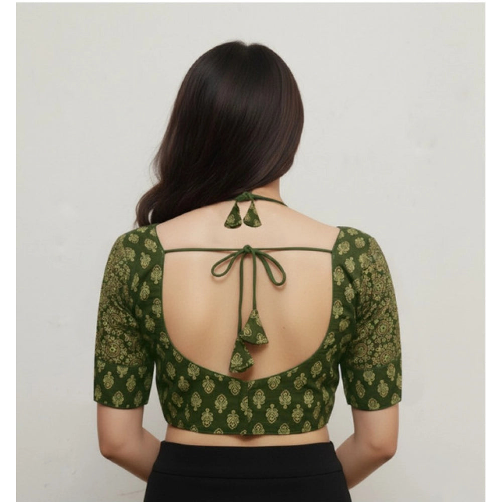 Women's Ajrakh Cotton Printed Sweetheart Padded Blouse (Olive 38 Ready (Self Alterable 36–40)
