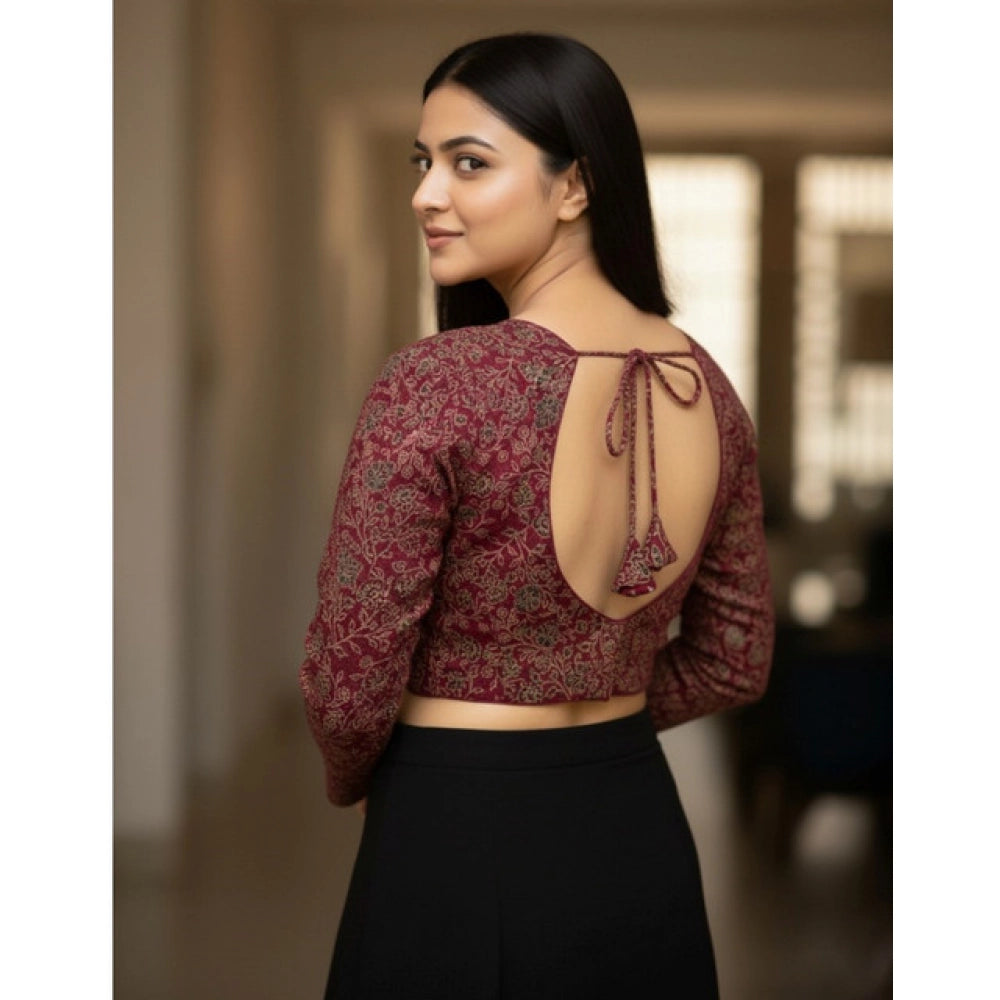 Women's Ajrakh Cotton Printed V-Neck Padded Blouse (Maroon 38 Ready (Self Alterable 36–40)