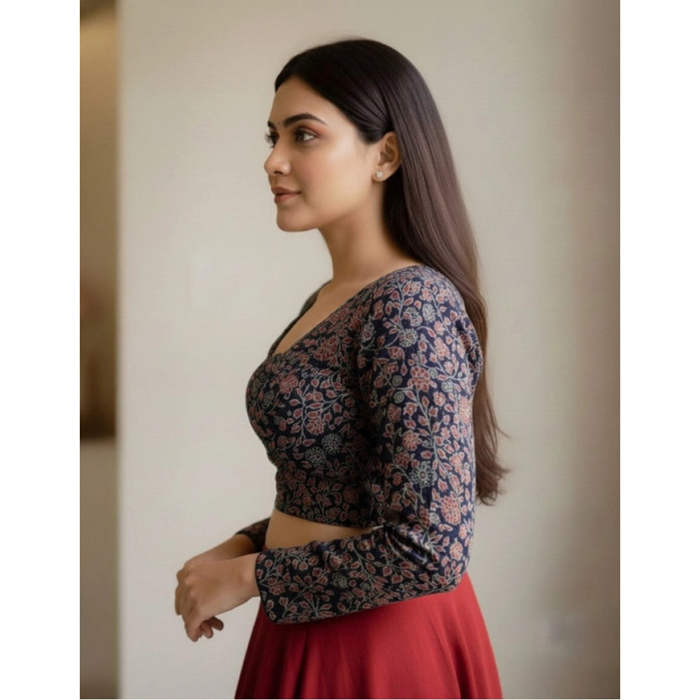 Women's Ajrakh Cotton Printed V-Neck Padded Blouse (Navy 38 Ready (Self Alterable 36–40)