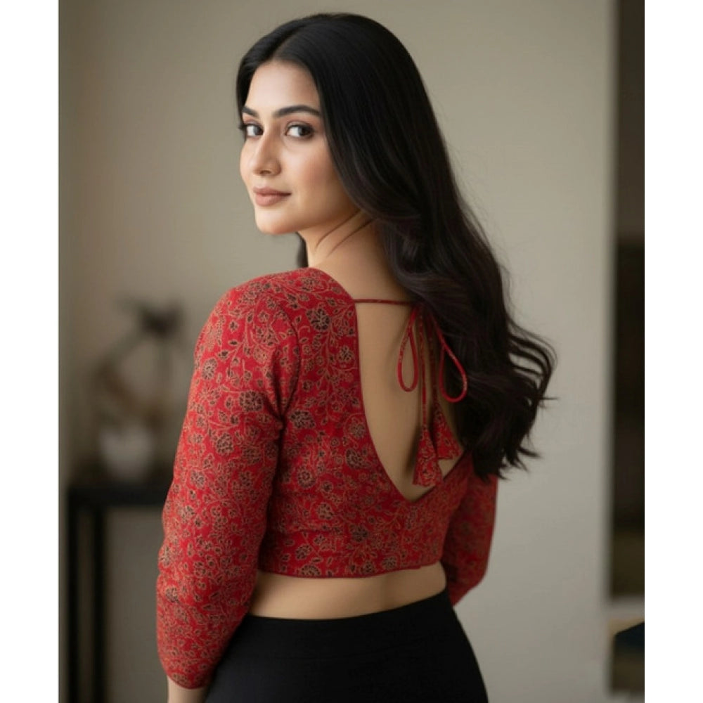 Women's Ajrakh Cotton Printed V-Neck Padded Blouse (Red 38 Ready (Self Alterable 36–40)