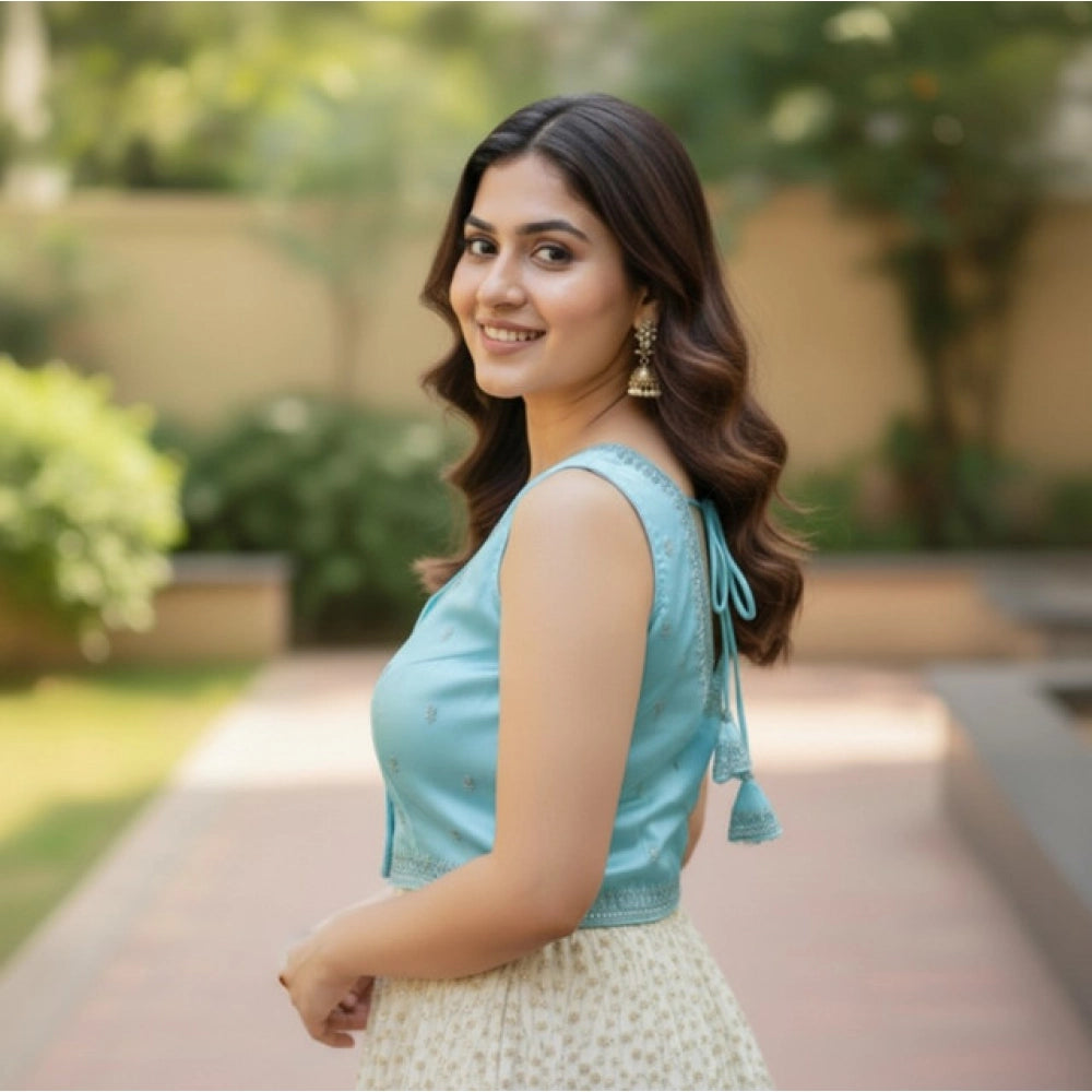 Women's Zimmi Choo Sequin Work V-Neck Padded Blouse (Sky Blue 38 Ready (Self Alterable 36–40)