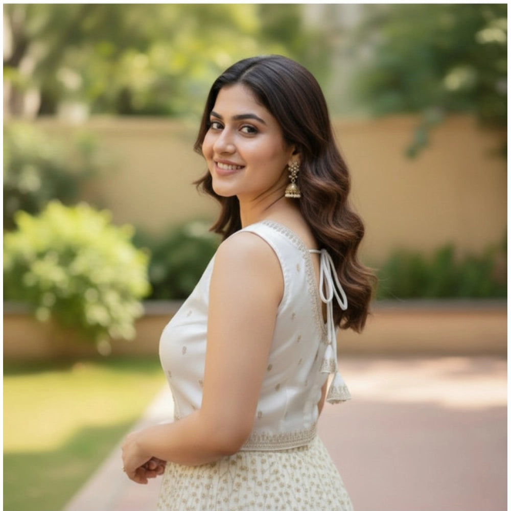 Women's Zimmi Choo Sequin Work V-Neck Padded Blouse (White 38 Ready (Self Alterable 36–40)