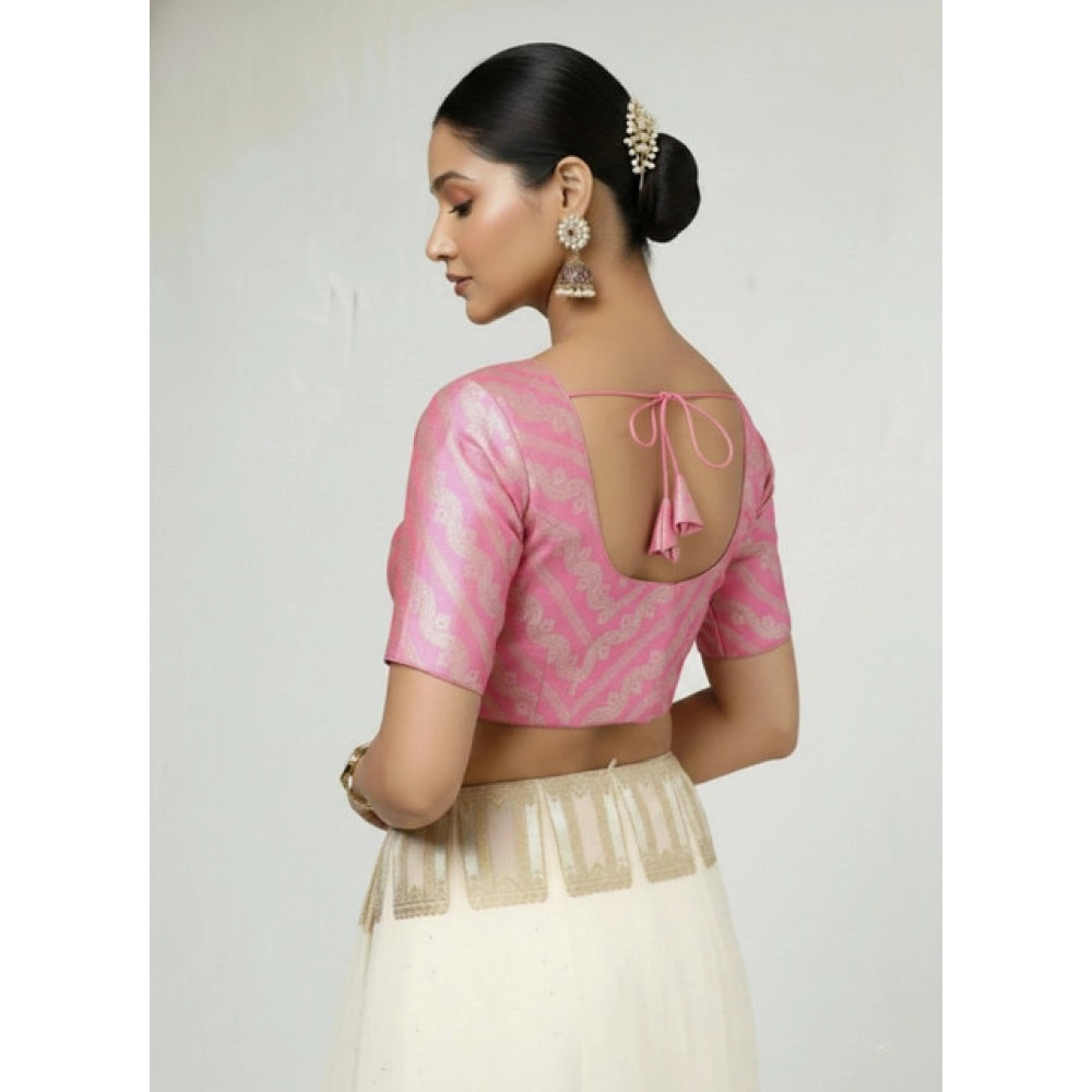 Women's Jacquard Zari Round Neck Padded Blouse (Light Pink 38 Ready (Self Alterable 36–40)