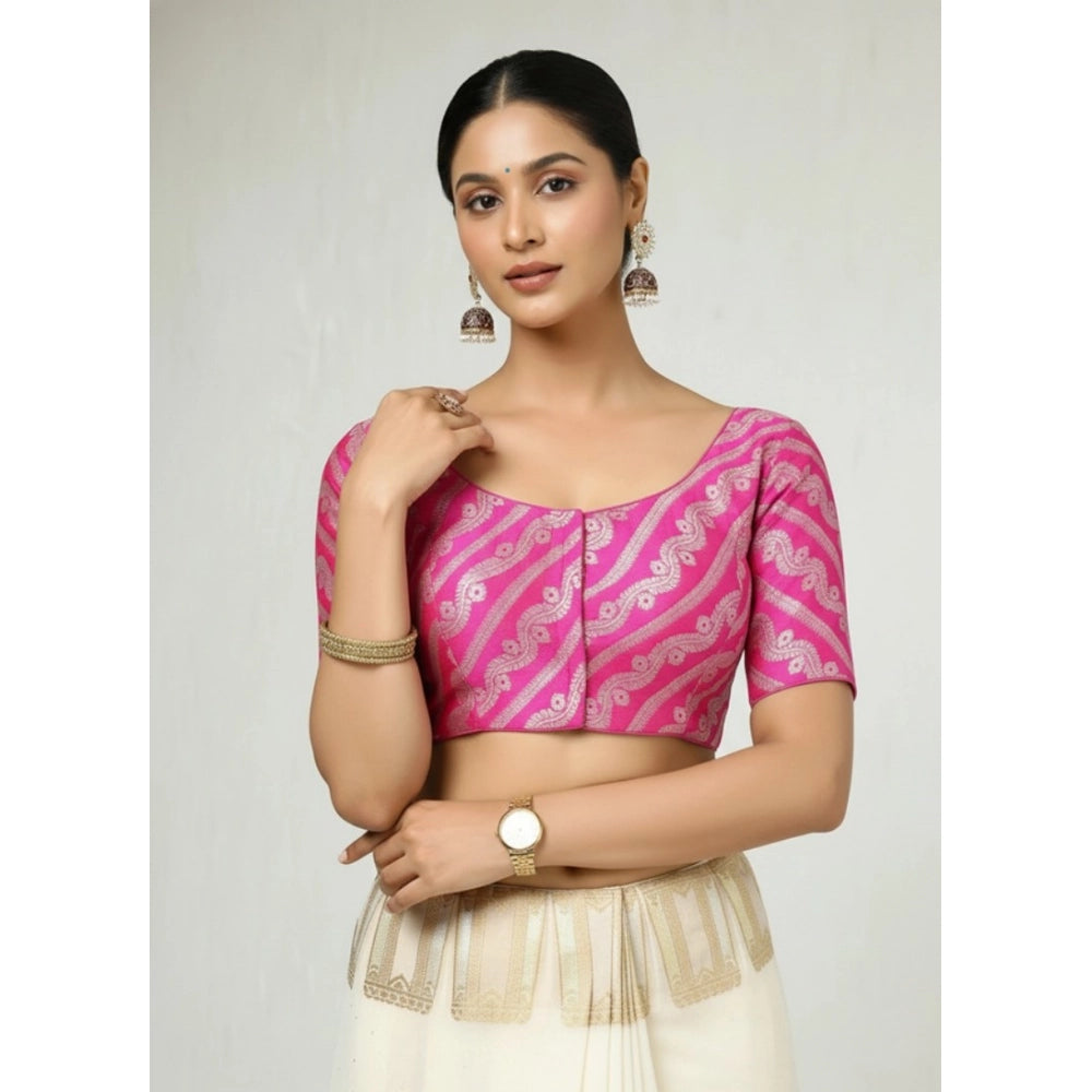 Women's Jacquard Zari Round Neck Padded Blouse (Pink 38 Ready (Self Alterable 36–40)