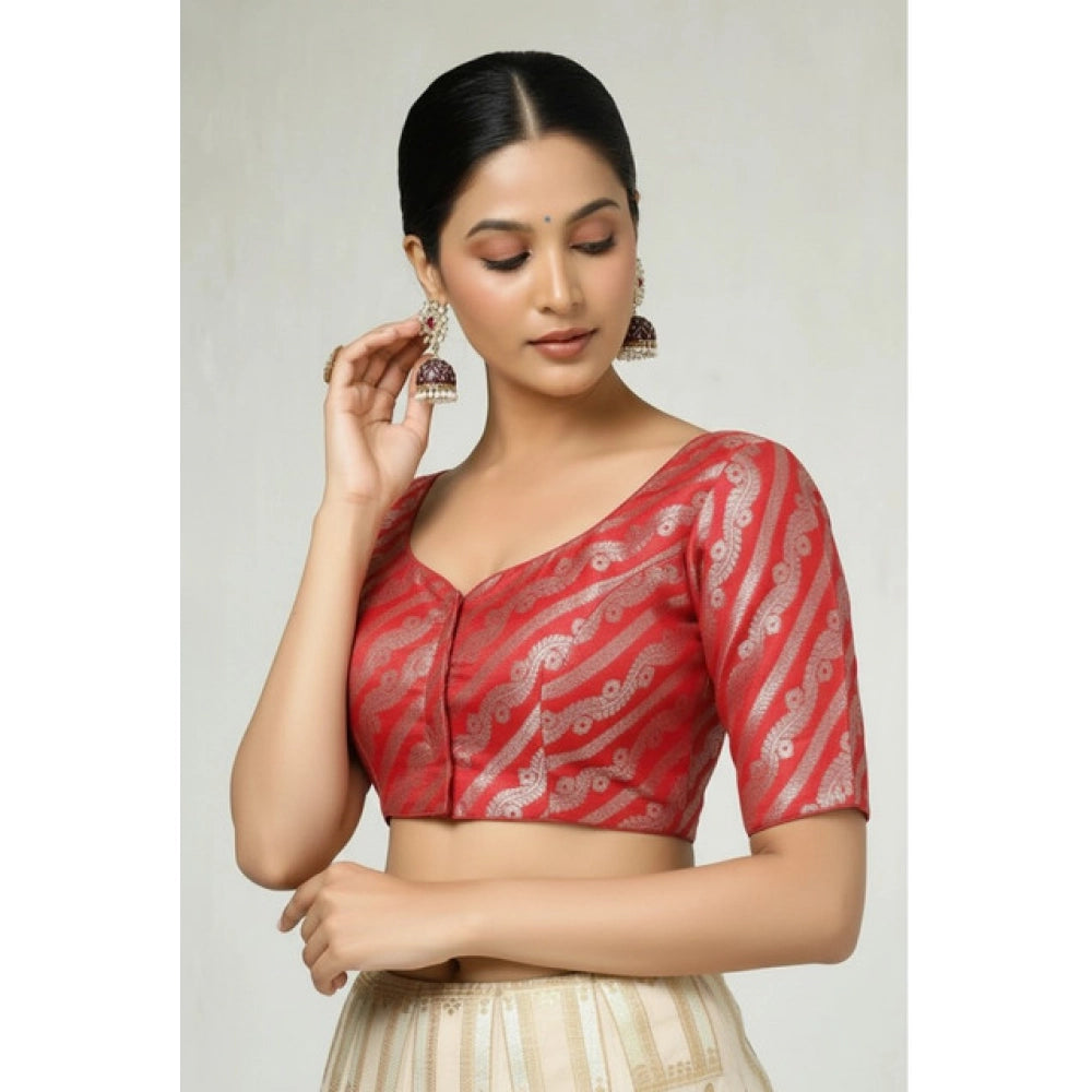 Women's Jacquard Zari Round Neck Padded Blouse (Red 38 Ready (Self Alterable 36–40)