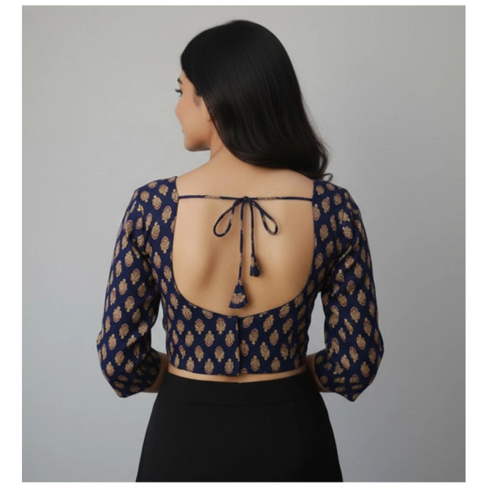Women's Ajrakh Cotton Printed Halter Neck Padded Blouse (Navy 38 Ready (Self Alterable 36–40)