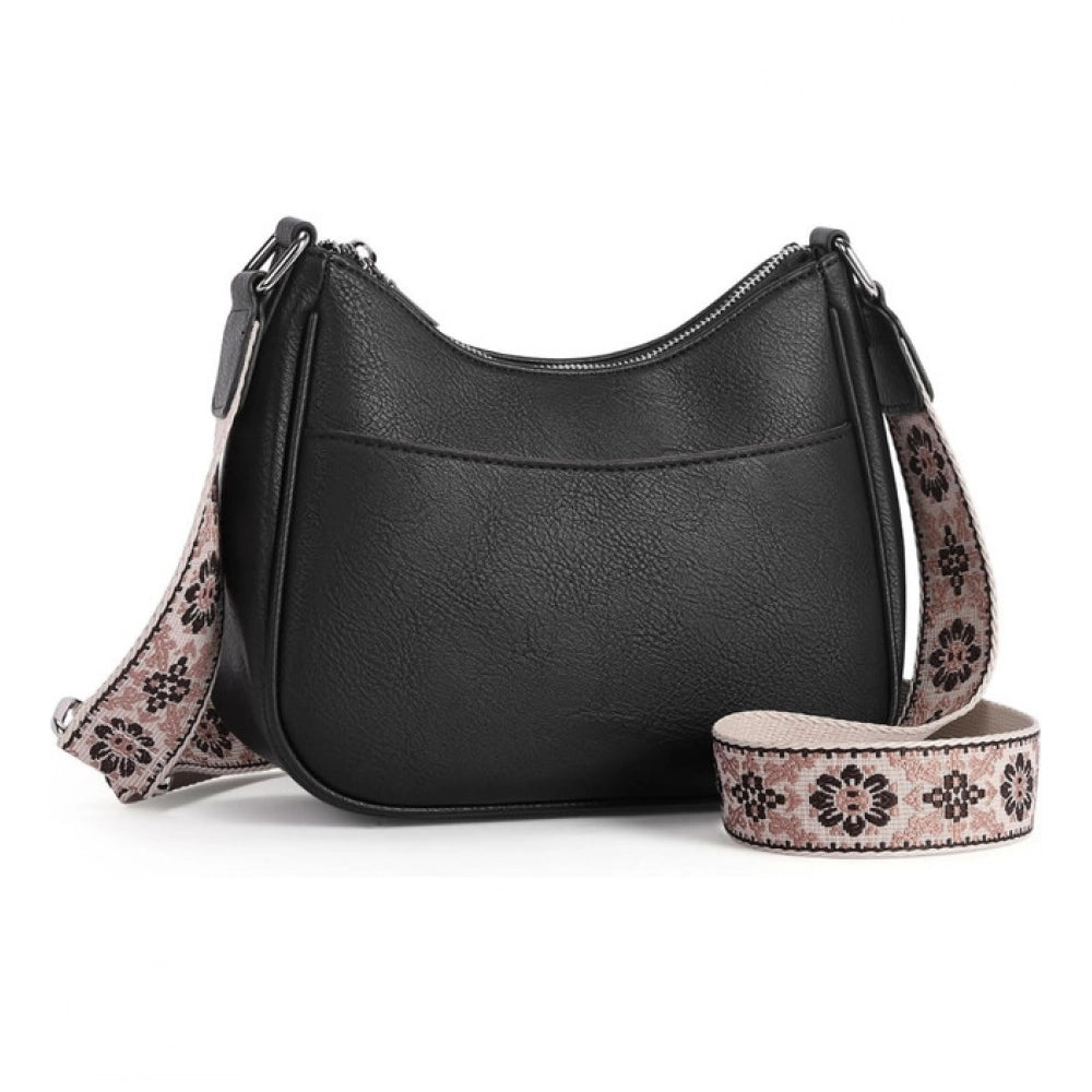 Women's PU Leather Zipper Sling Bag (Black)