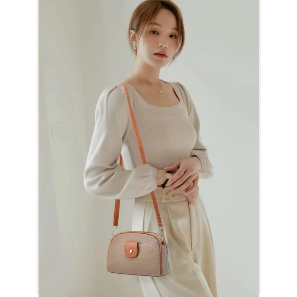 Women's PU Leather Zipper Sling Bag (Khakhi)