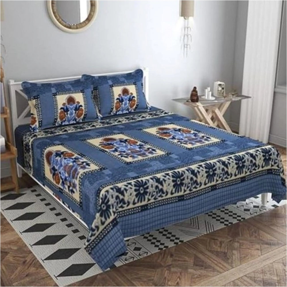 Fleece Floral Printed Double Polar Warm Bedsheet with 2 Pillow Cover (Blue)