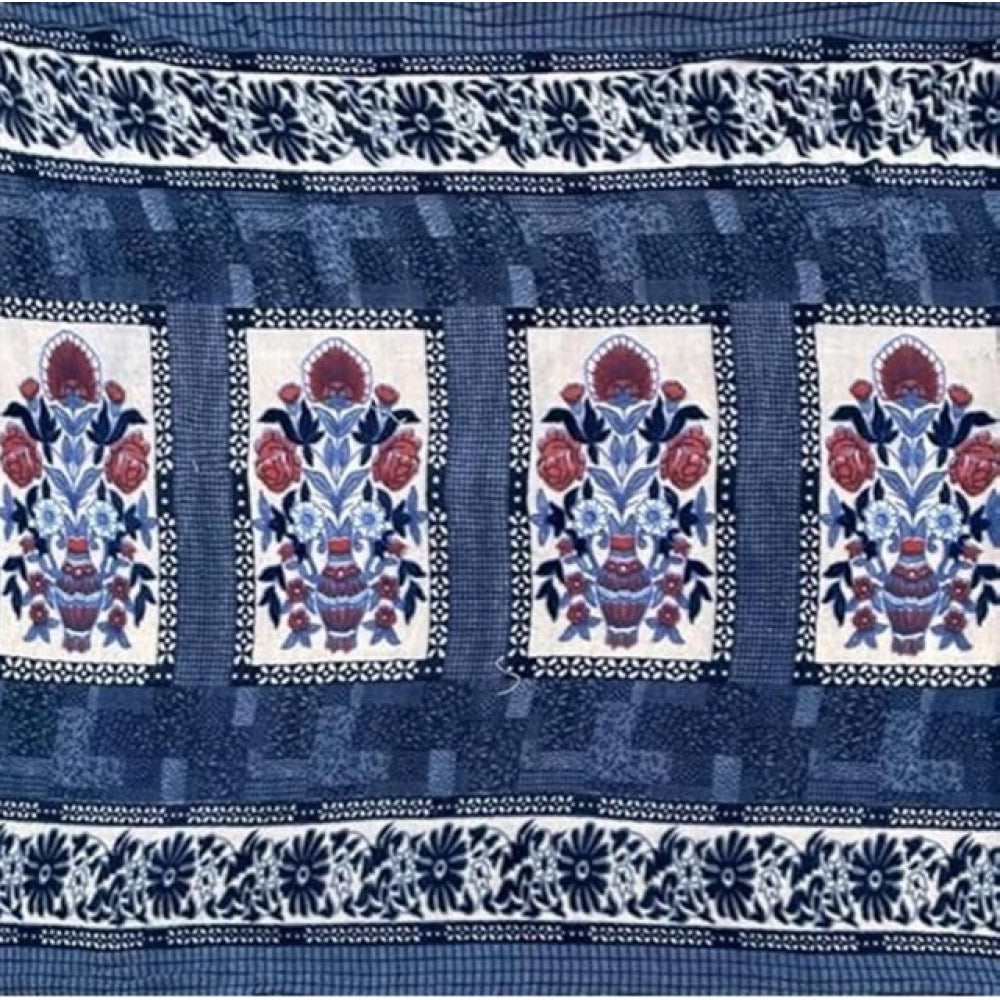 Fleece Floral Printed Double Polar Warm Bedsheet with 2 Pillow Cover (Blue)