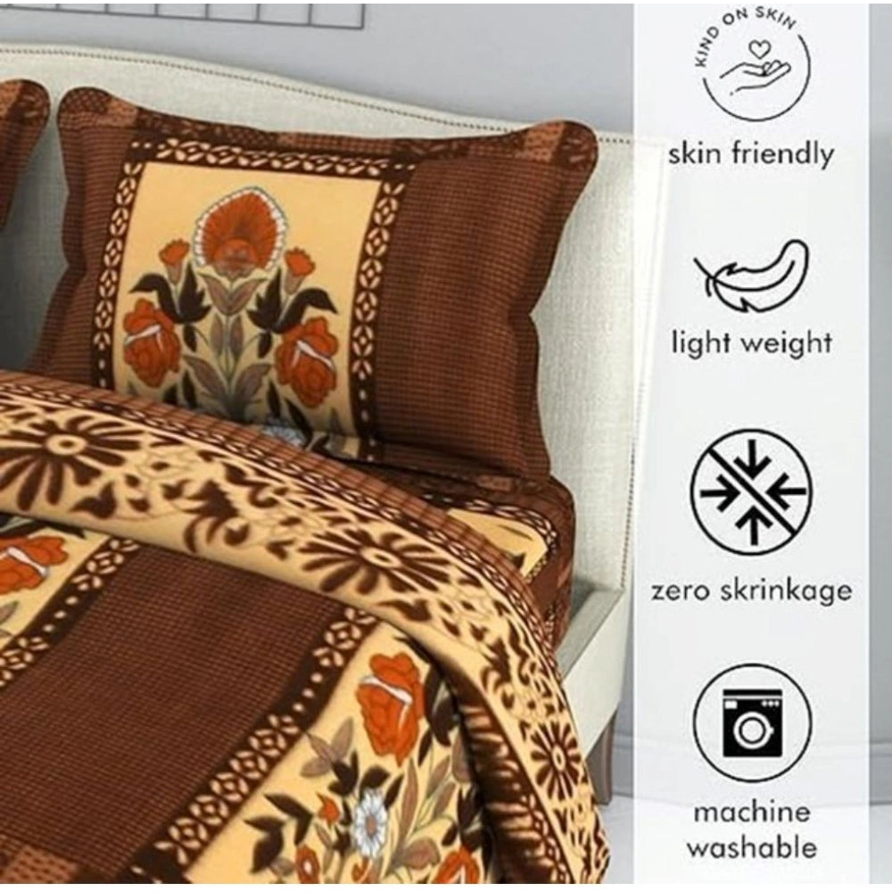 Fleece Floral Printed Double Polar Warm Bedsheet with 2 Pillow Cover (Brown)