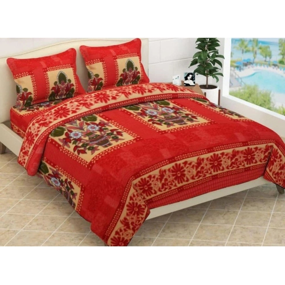 Fleece Floral Printed Double Polar Warm Bedsheet with 2 Pillow Cover (Red)