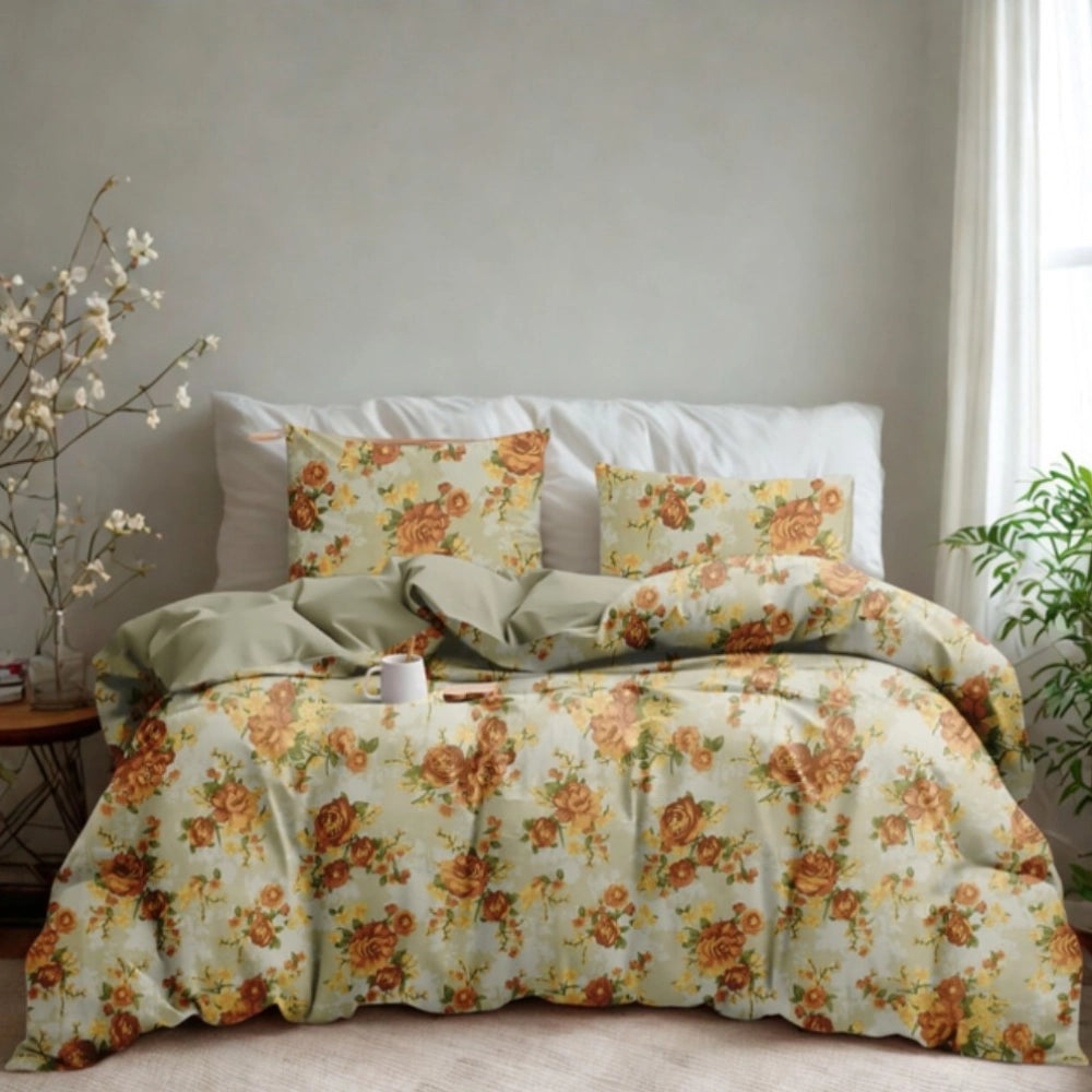 Microfiber Floral Printed Double Bedsheet with 2 Pillow Covers (Beige)