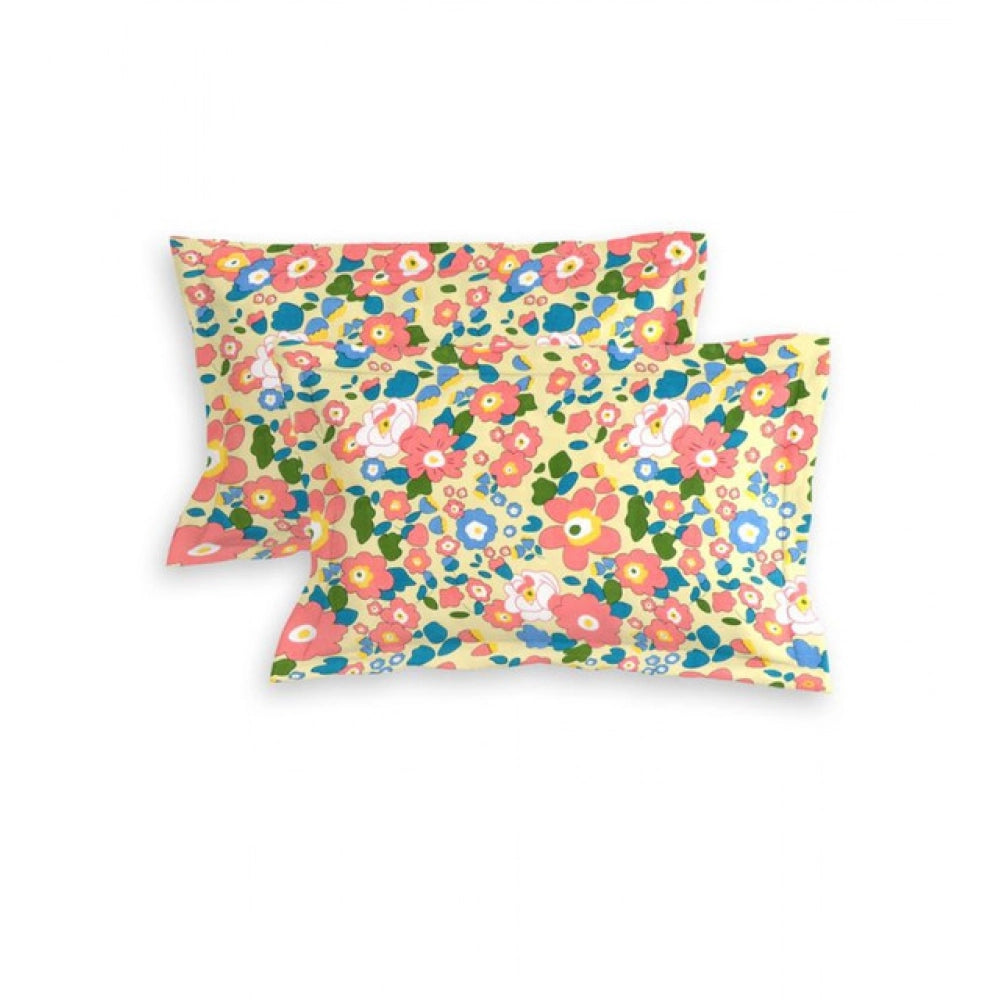 Cotton Blend Floral Printed Double Bedsheet with 2 Pillow Covers (Yellow)