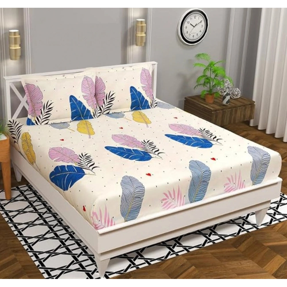 Cotton Blend Floral Printed Double Bedsheet with 2 Pillow Covers (Off -White)