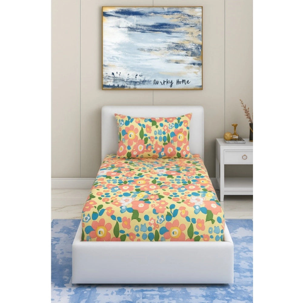 Cotton Blend Floral Printed Single Bedsheet with 1 Pillow Cover (Yellow)