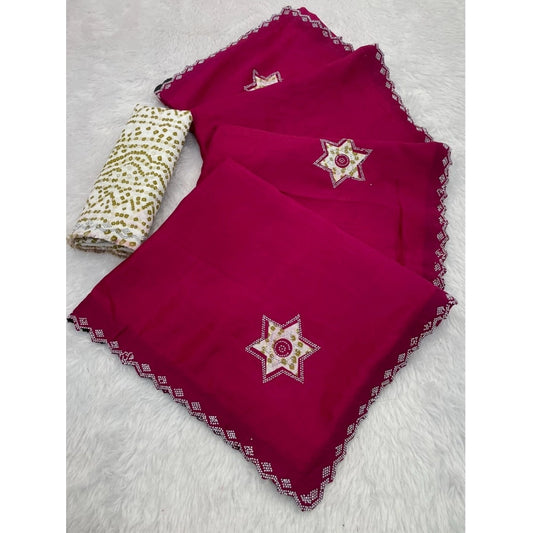 Women's Chiffon Butti Dotted Saree With Unstitched Blouse 5.5Mtr (Pink)