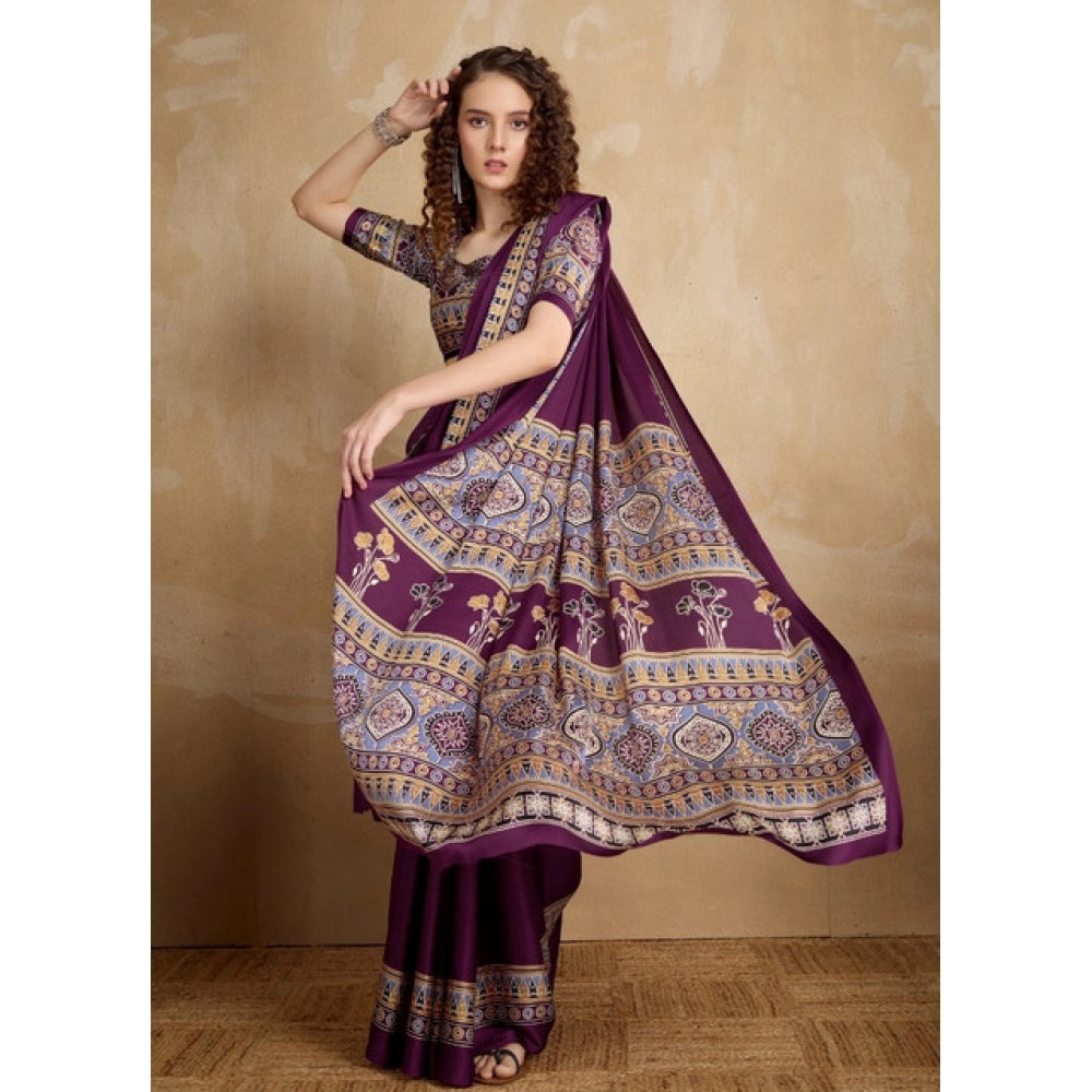 Women's Satin Crepe Printed Saree With Unstitched Blouse 5.5Mtr (Purple)
