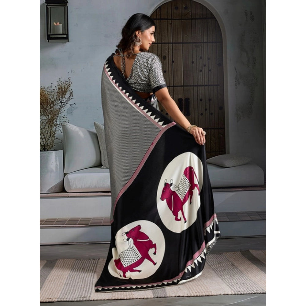 Women's Satin Crepe Printed Saree With Unstitched Blouse 5.5Mtr (Black)