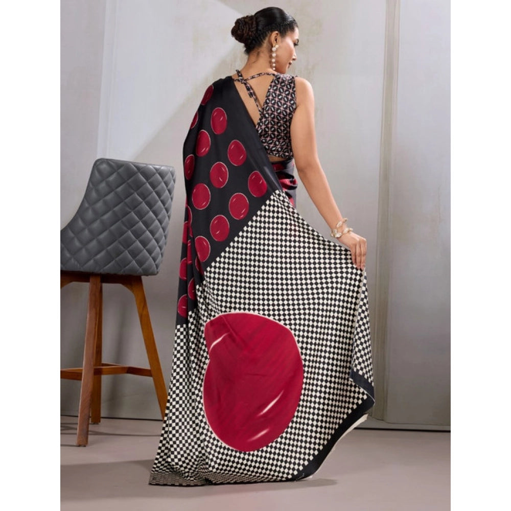 Women's Satin Crepe Printed Saree With Unstitched Blouse 5.5Mtr (Maroon)