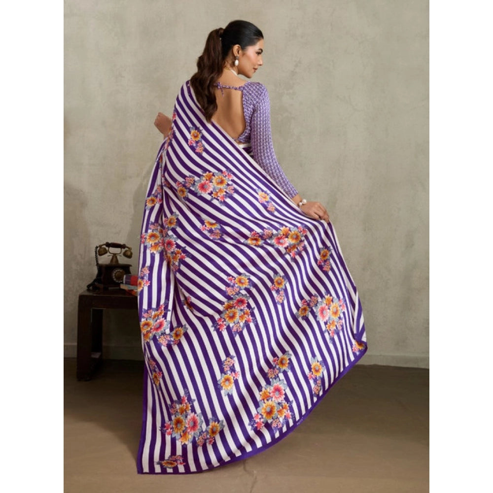 Women's Satin Crepe Printed Saree With Unstitched Blouse 5.5Mtr (Purple)