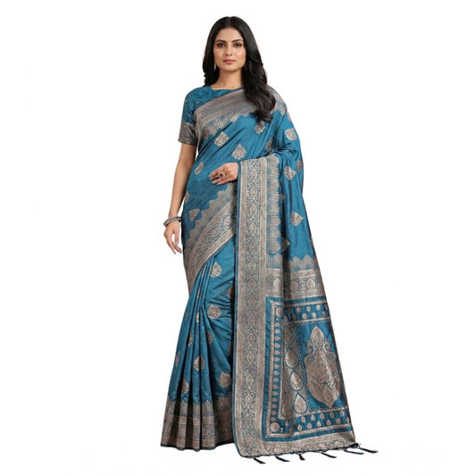 Women's Silk Blend Printed Saree With Unstitched Blouse 5.5Mtr (Teal)