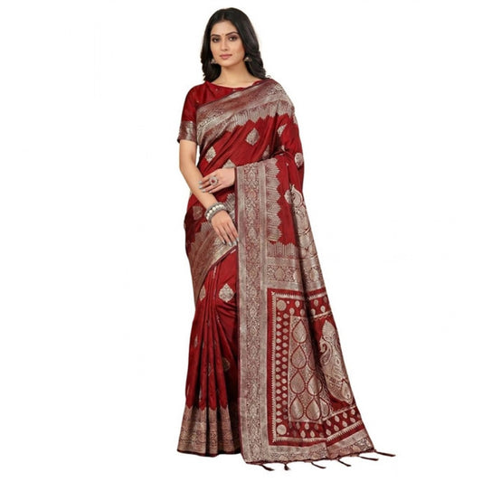 Women's Silk Blend Printed Saree With Unstitched Blouse 5.5Mtr (Maroon)