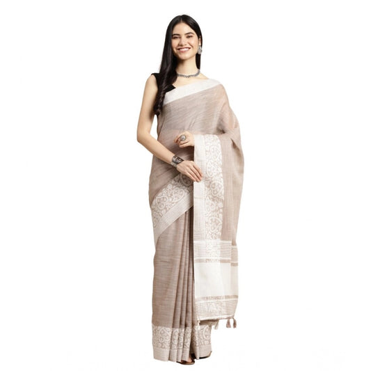 Women's Linen Printed Saree With Unstitched Blouse 5.5Mtr (Beige)