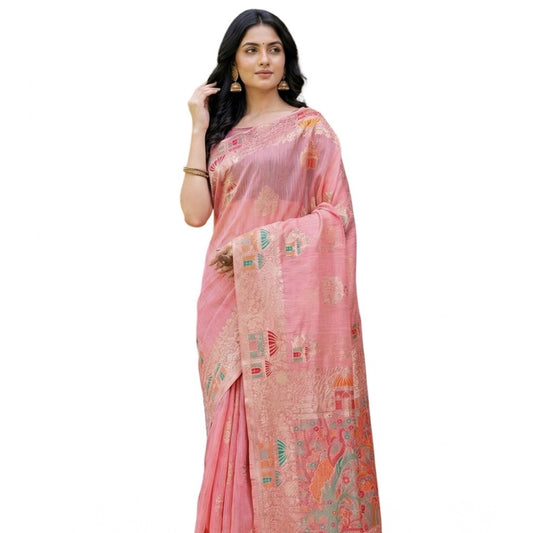 Women's Linen Cotton Printed Saree With Unstitched Blouse 5.5Mtr (Pink)
