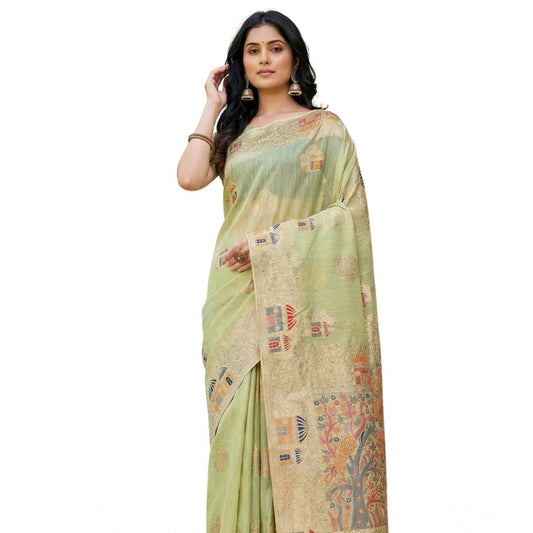 Women's Linen Cotton Printed Saree With Unstitched Blouse 5.5Mtr (Light Green)