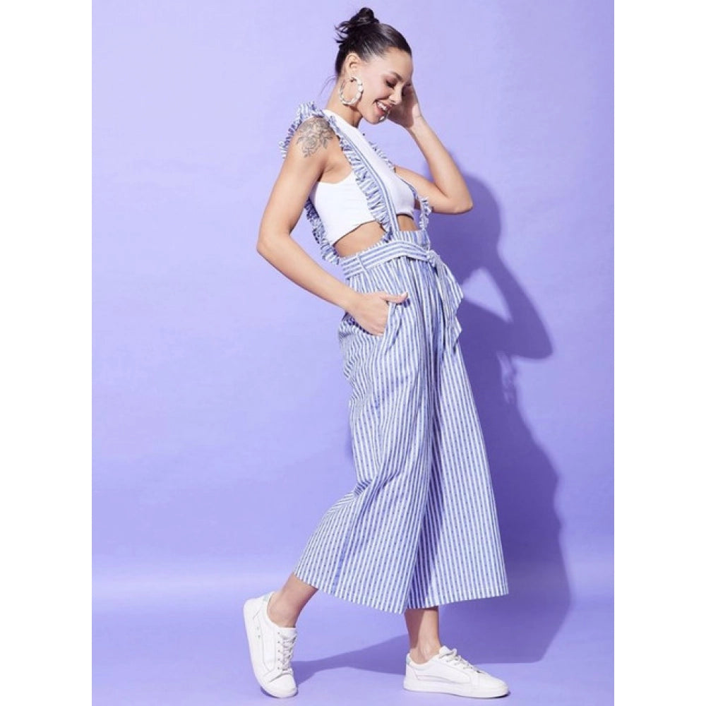 Women's Cotton Pinafore Shoulder Straps Jumpsuit (Light Blue)