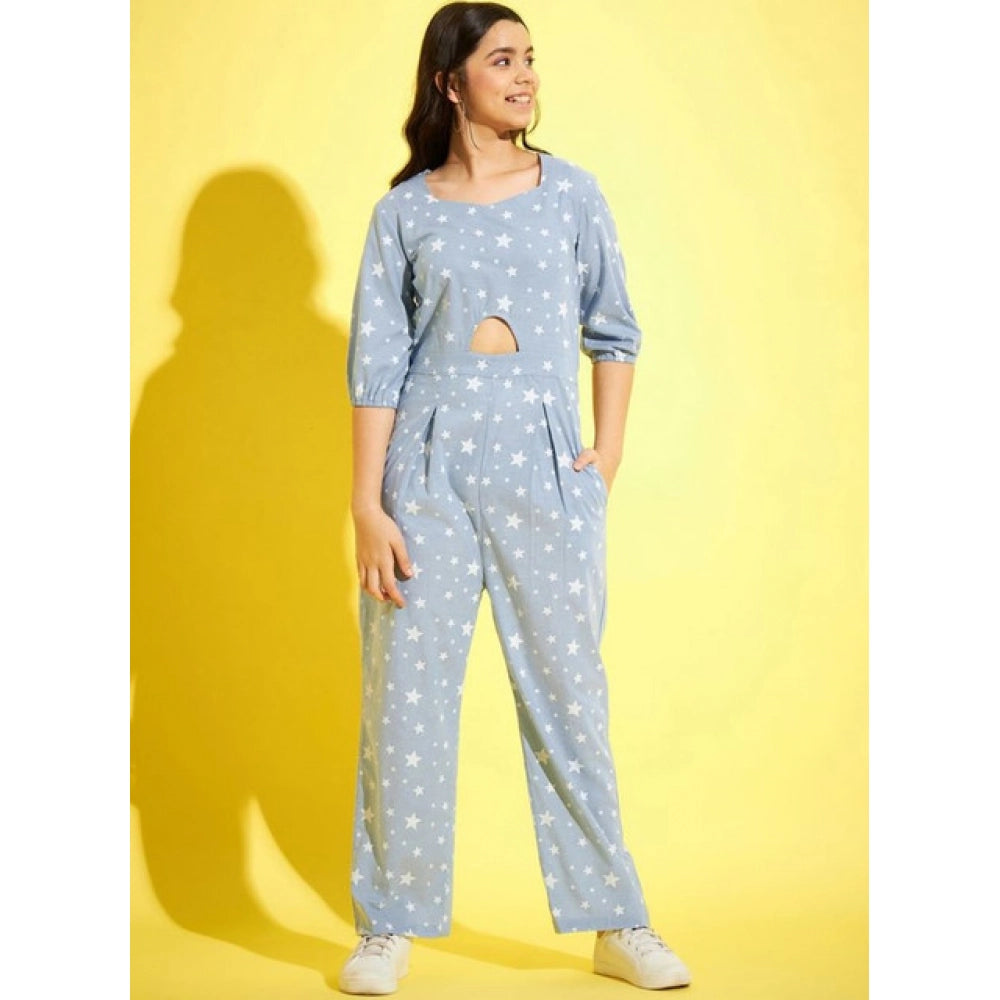 Girl's Cotton Printed 3-4th Sleeve Jumpsuit (Blue - White)
