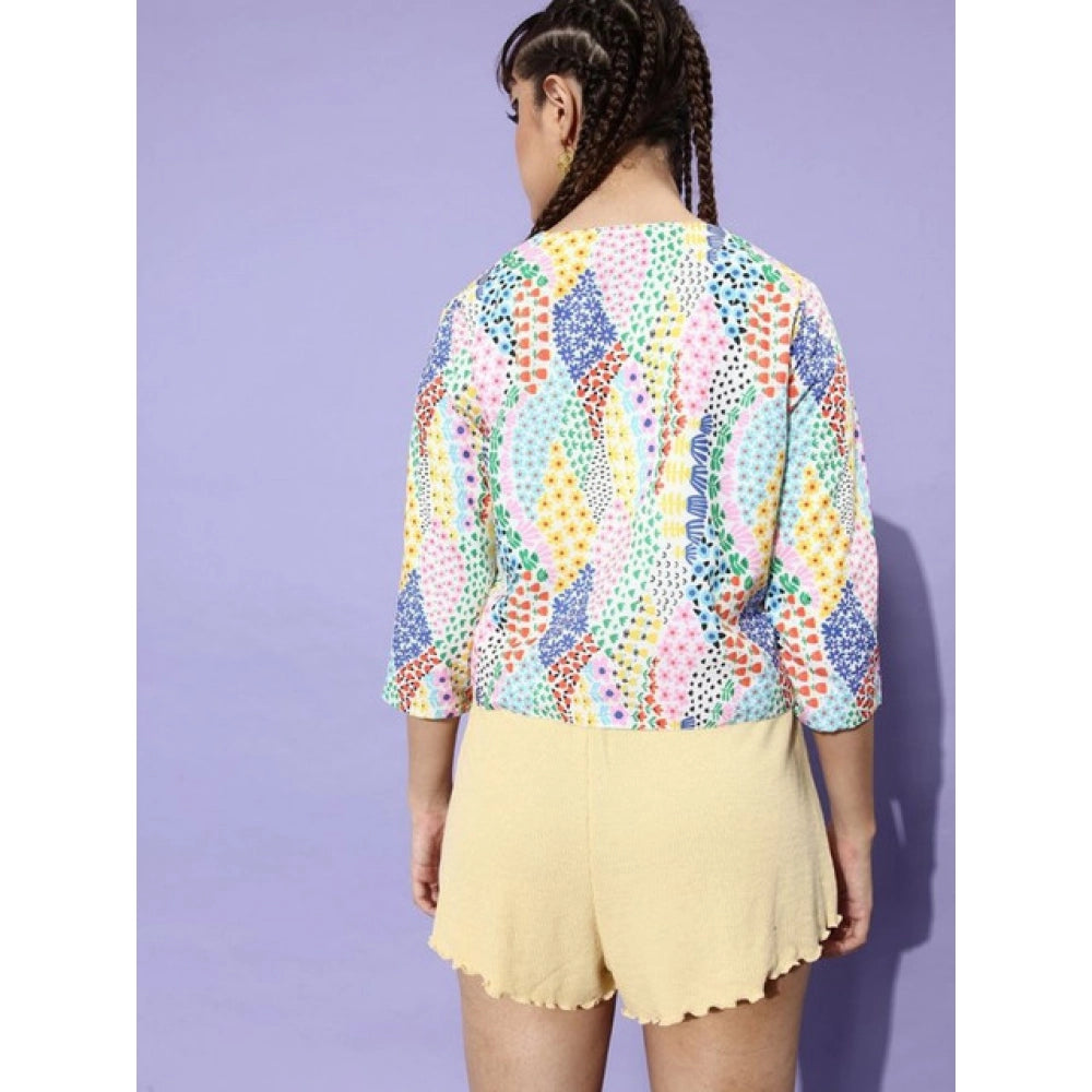 Women's Polyester Floral 3-4th Sleeves Shrug (Multicolor)