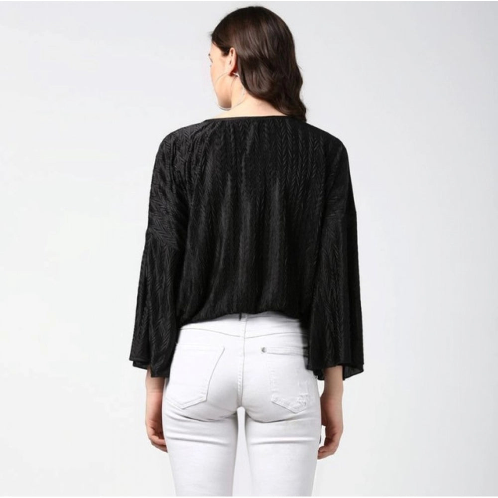 Women's Polyester Pleated Balloon Sleeve Top (Black)