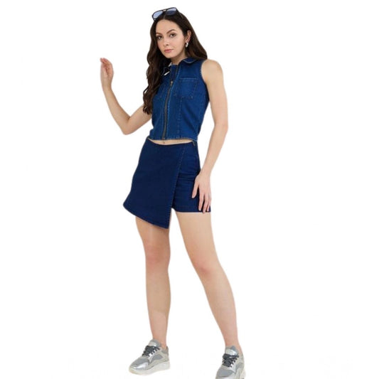 Women's Denim Lycra Solid Sleeveless Top (Blue)