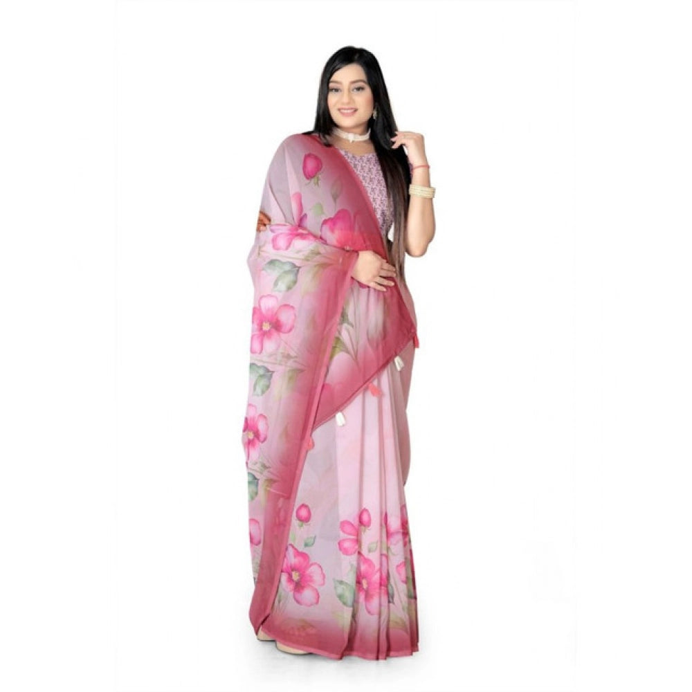 Women's Georgette Floral Printed Saree With Unstitched Blouse 5.5Mtr (Rose Pink)