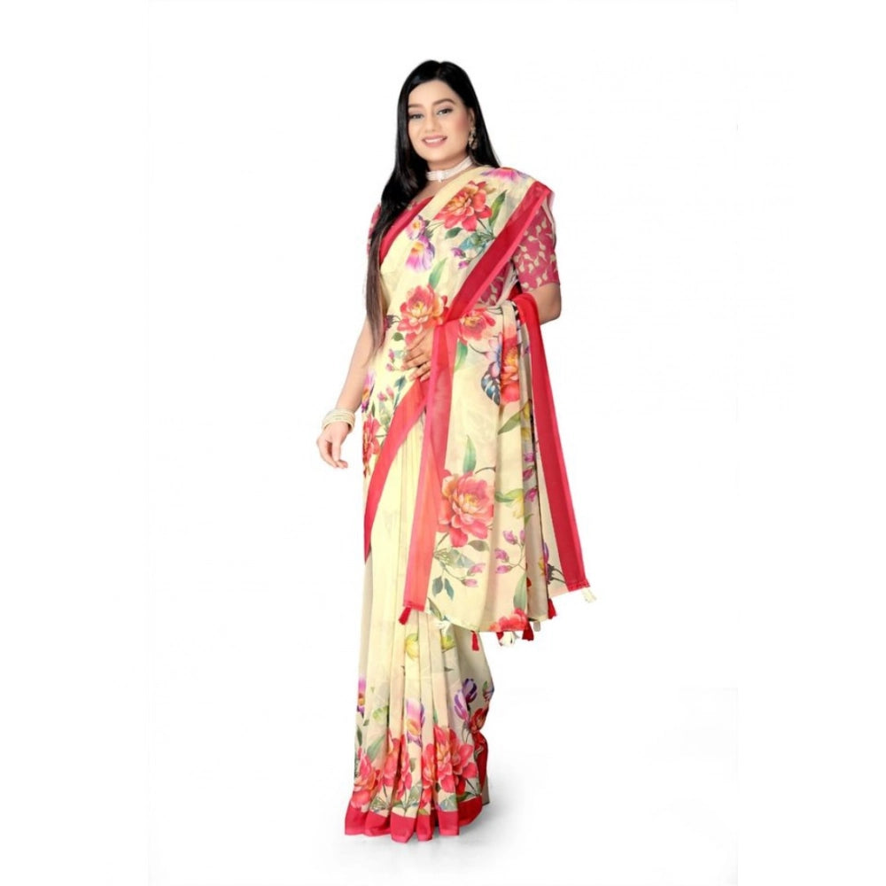 Women's Georgette Floral Printed Saree With Unstitched Blouse 5.5Mtr (Yellow)